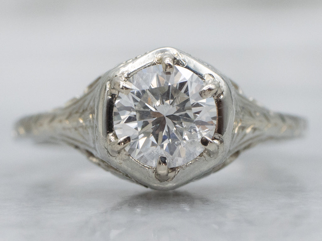 Antique Hand-Engraved Brilliant Diamond Solitaire Engagement Ring