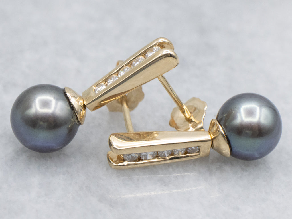 Black Pearl and Diamond Drop Earrings