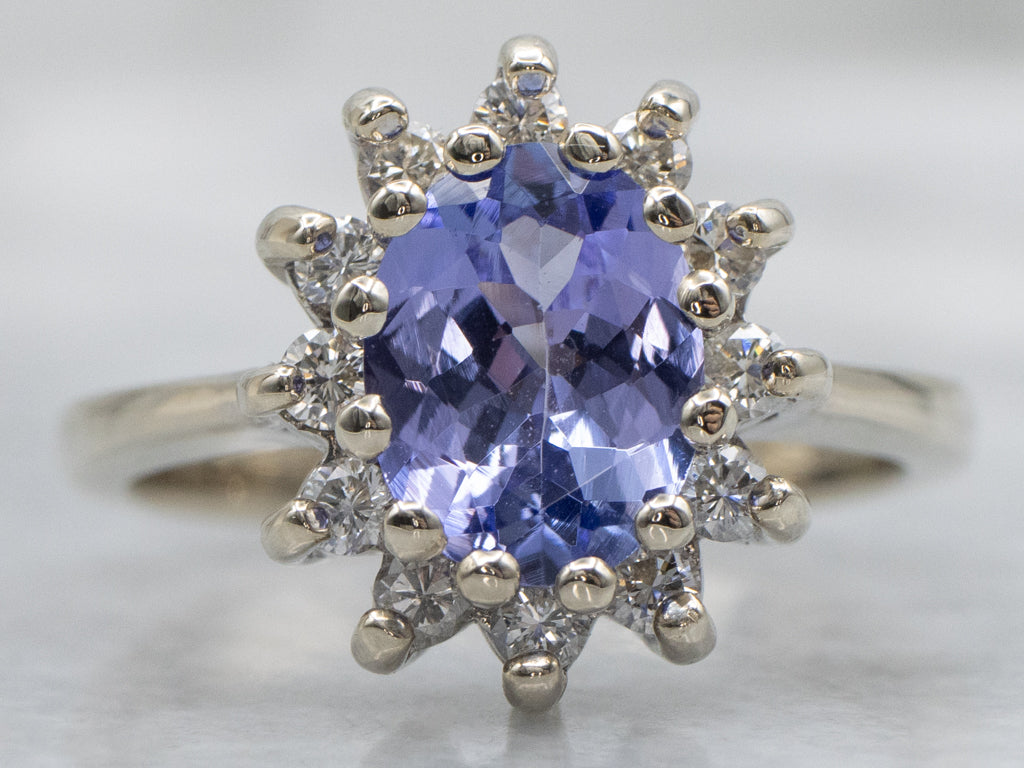 White Gold Tanzanite and Diamond Halo Ring