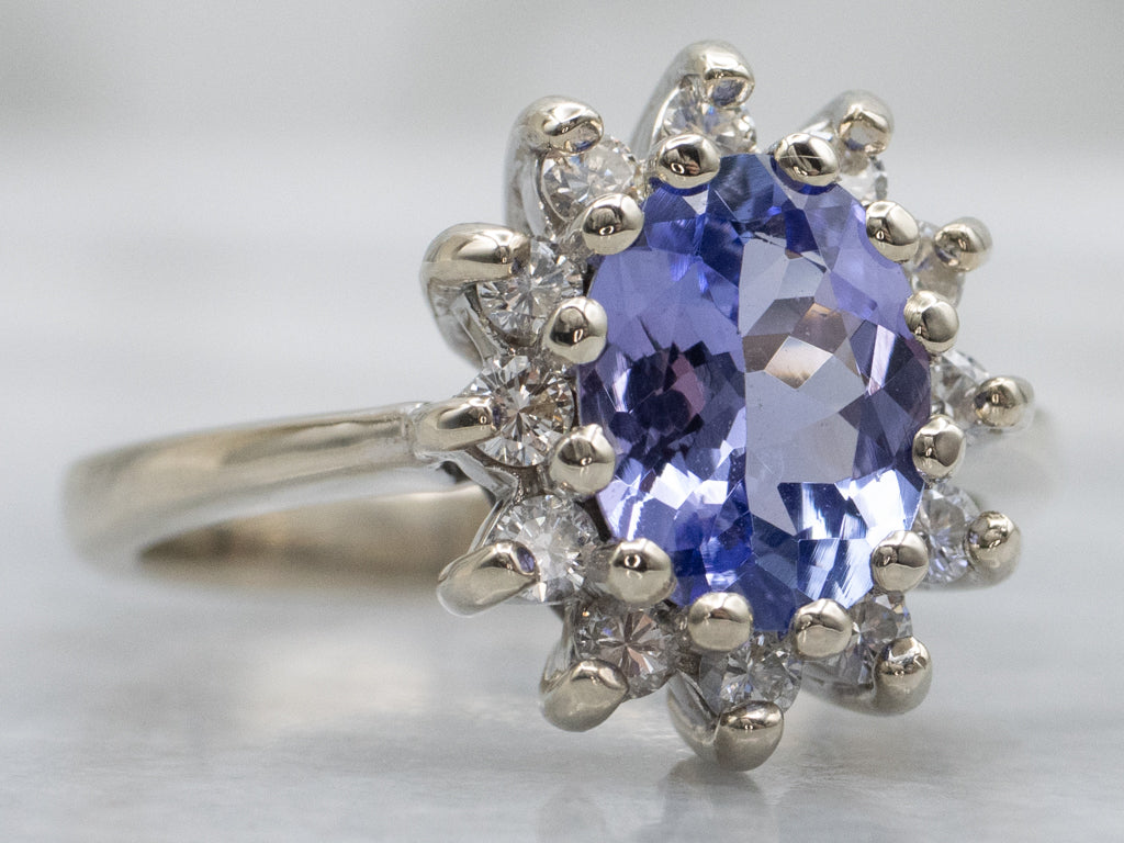 White Gold Tanzanite and Diamond Halo Ring