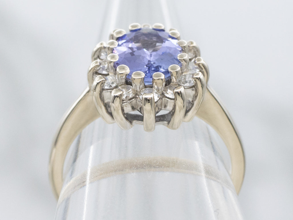 White Gold Tanzanite and Diamond Halo Ring