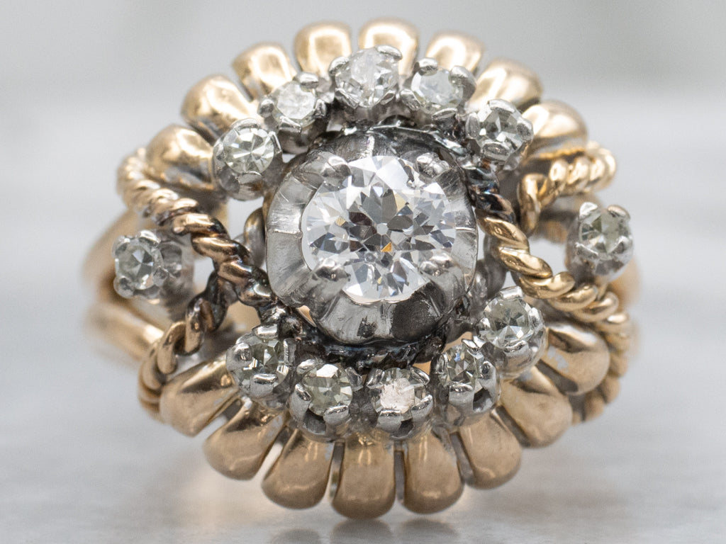Vintage Two-Tone Gold Old Mine Cut and Diamond Statement Ring with Rope Twist Accents
