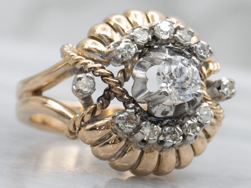 Vintage Two-Tone Gold Old Mine Cut and Diamond Statement Ring with Rope Twist Accents