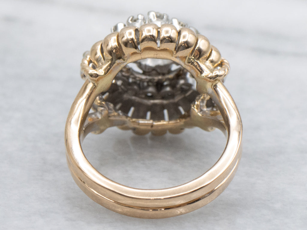 Vintage Two-Tone Gold Old Mine Cut and Diamond Statement Ring with Rope Twist Accents