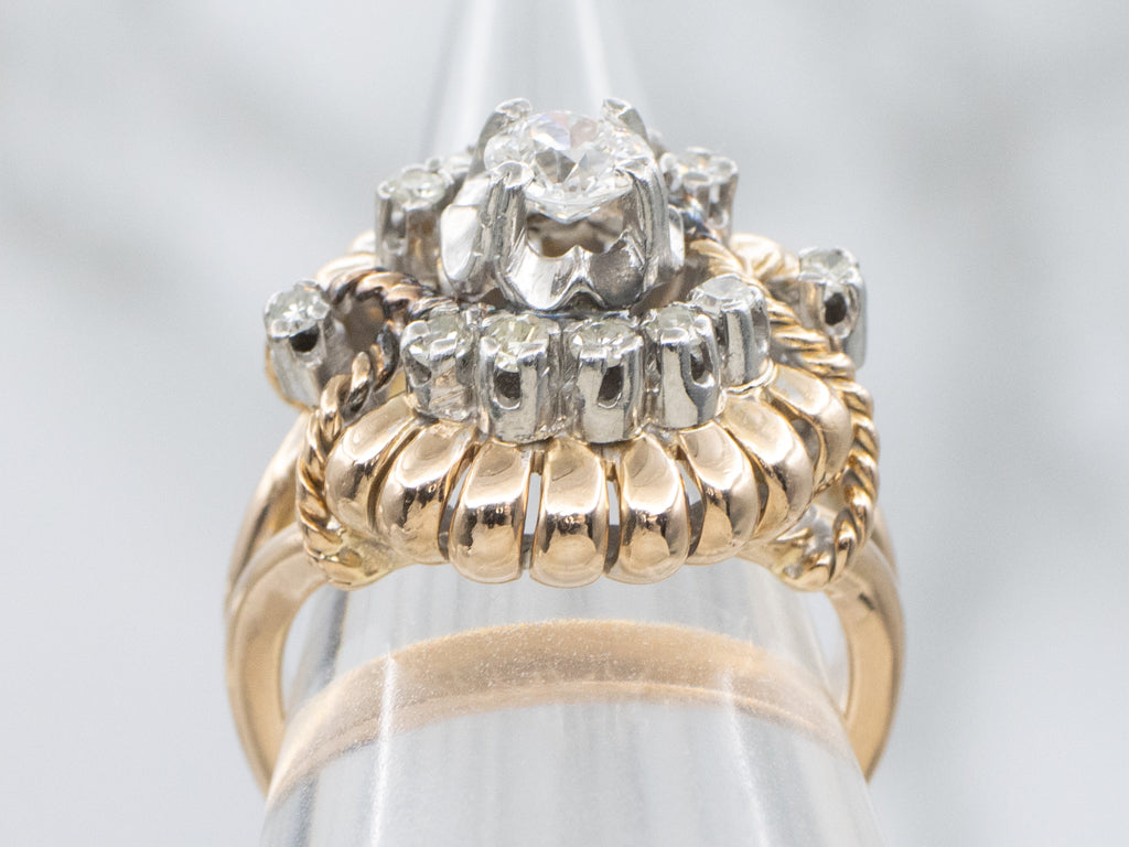 Vintage Two-Tone Gold Old Mine Cut and Diamond Statement Ring with Rope Twist Accents