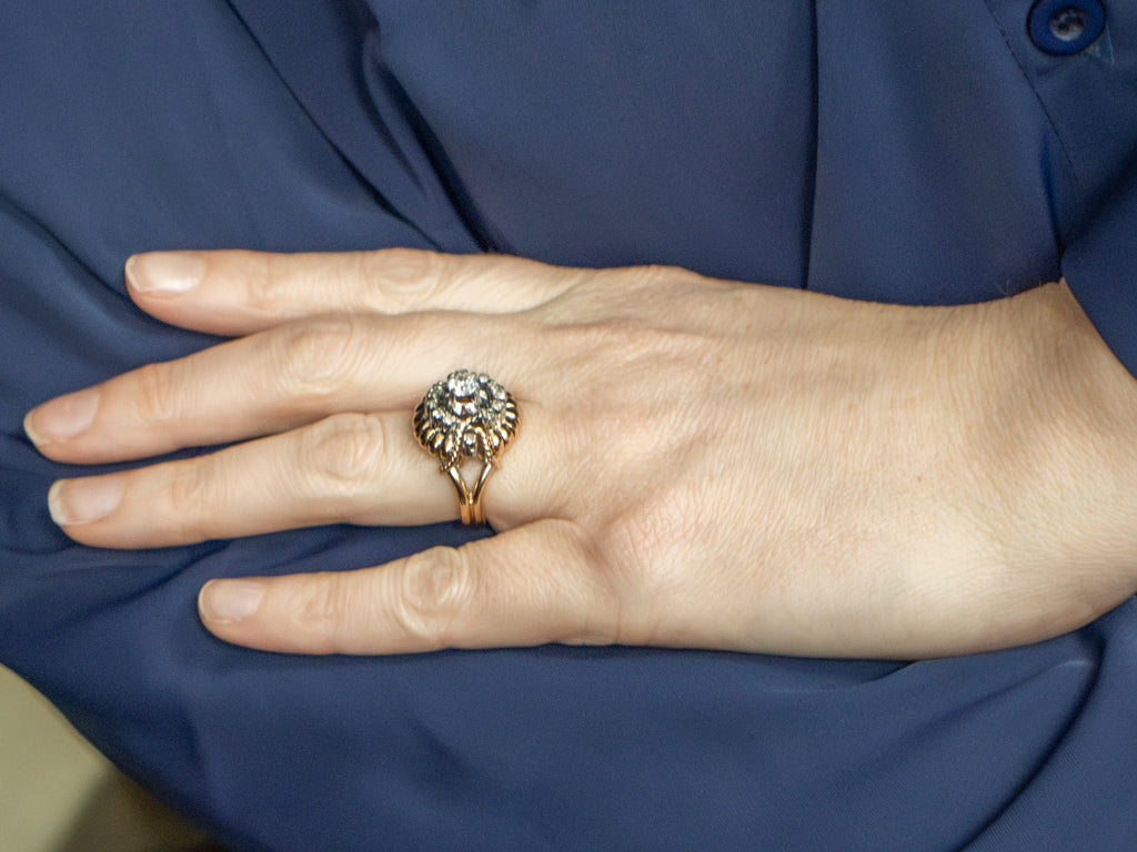 Vintage Two-Tone Gold Old Mine Cut and Diamond Statement Ring with Rope Twist Accents