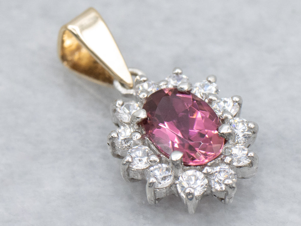 Strawberry Pink Tourmaline and Diamond Halo Pendant