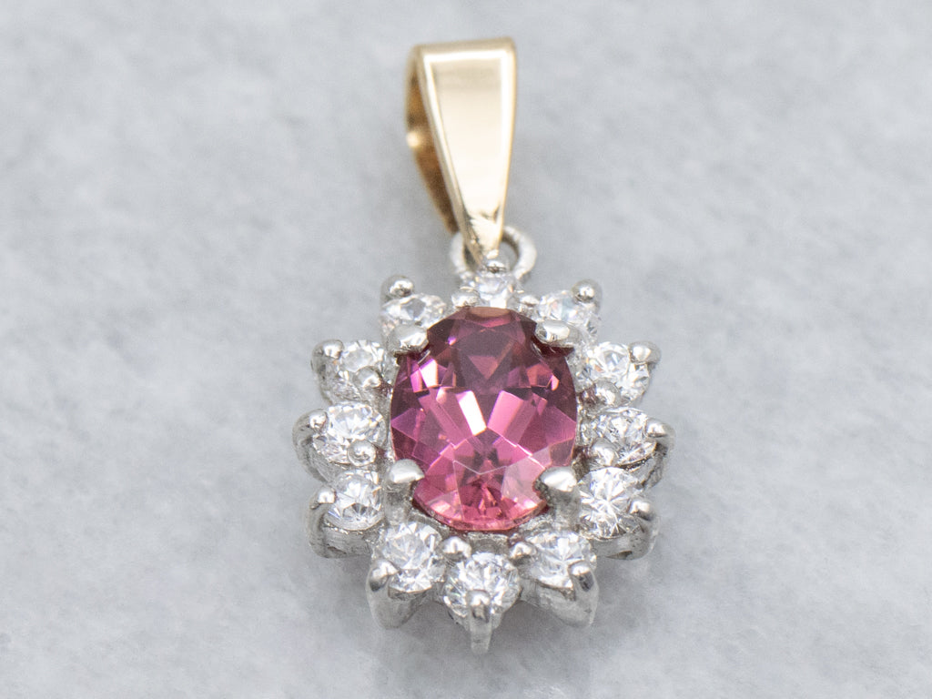 Strawberry Pink Tourmaline and Diamond Halo Pendant