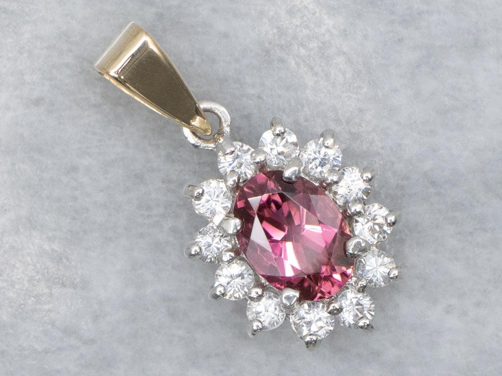 Strawberry Pink Tourmaline and Diamond Halo Pendant