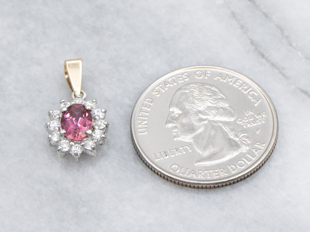 Strawberry Pink Tourmaline and Diamond Halo Pendant