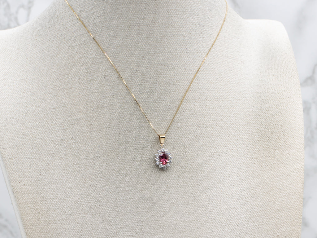 Strawberry Pink Tourmaline and Diamond Halo Pendant