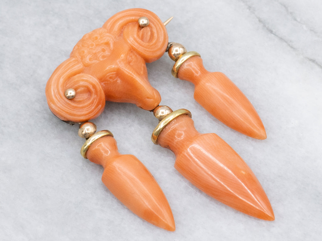 Victorian Carved Coral Ram's Head Yellow Gold Brooch