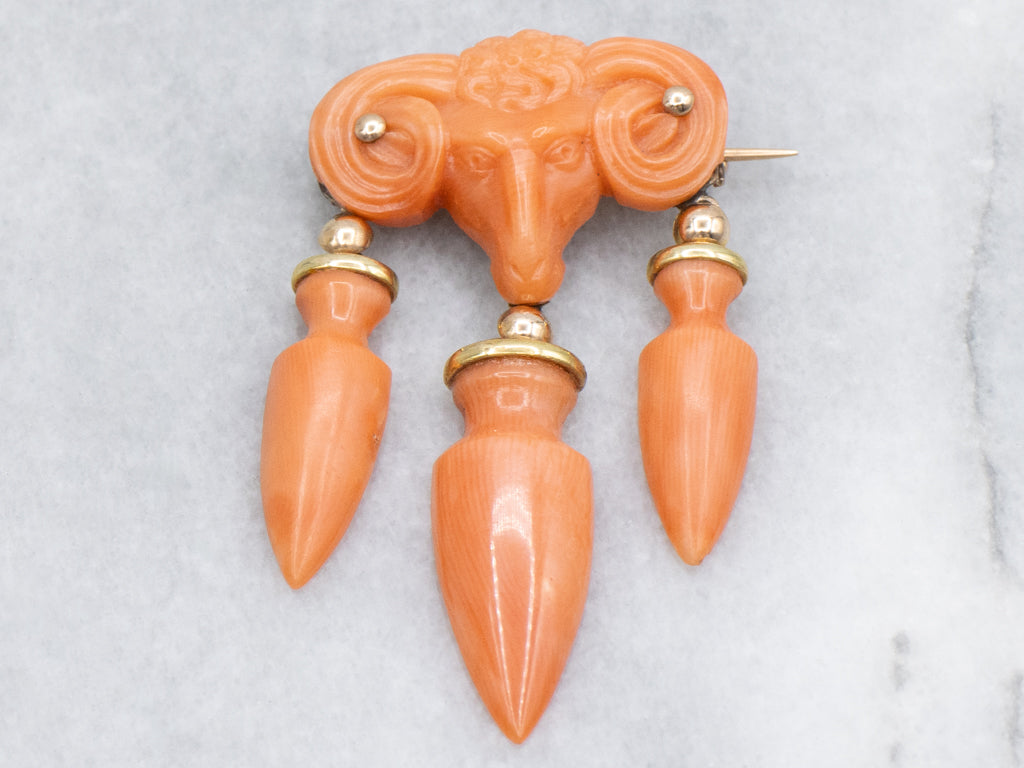Victorian Carved Coral Ram's Head Yellow Gold Brooch