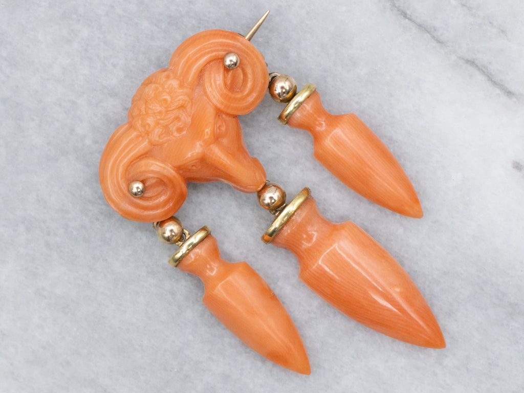 Victorian Carved Coral Ram's Head Yellow Gold Brooch