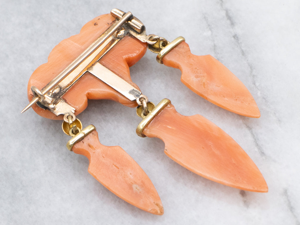 Victorian Carved Coral Ram's Head Yellow Gold Brooch