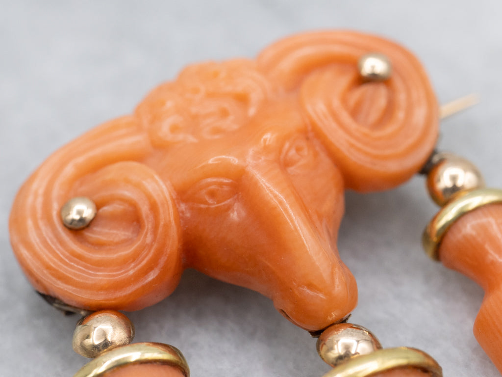 Victorian Carved Coral Ram's Head Yellow Gold Brooch