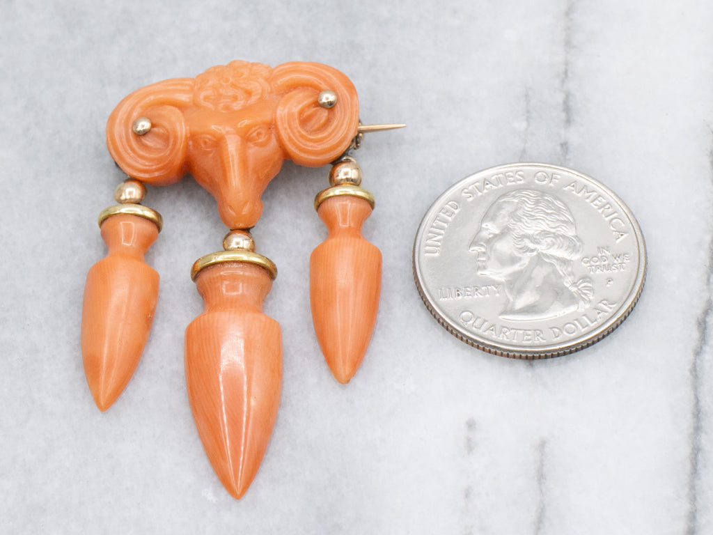 Victorian Carved Coral Ram's Head Yellow Gold Brooch