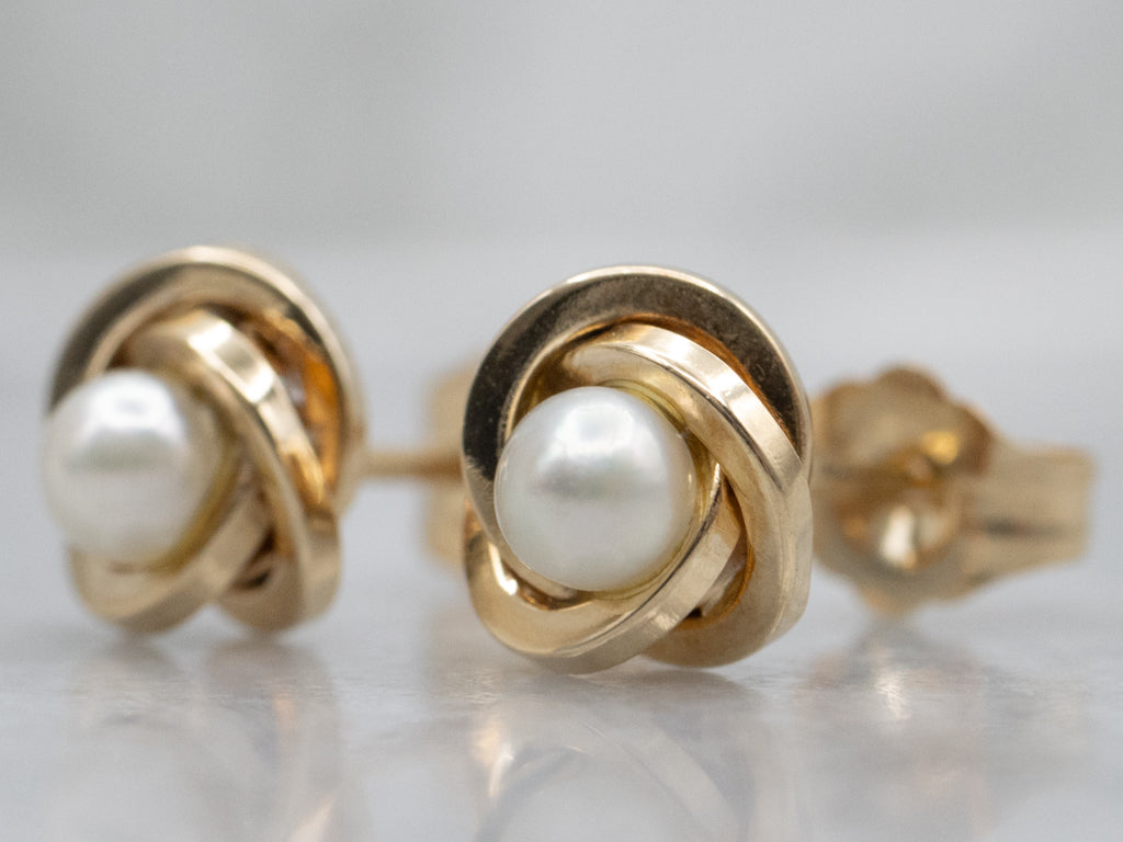 Saltwater Pearl Nautical Gold Knot Stud Earrings