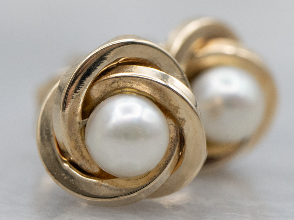 Saltwater Pearl Nautical Gold Knot Stud Earrings
