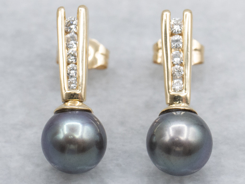 Black Pearl and Diamond Drop Earrings