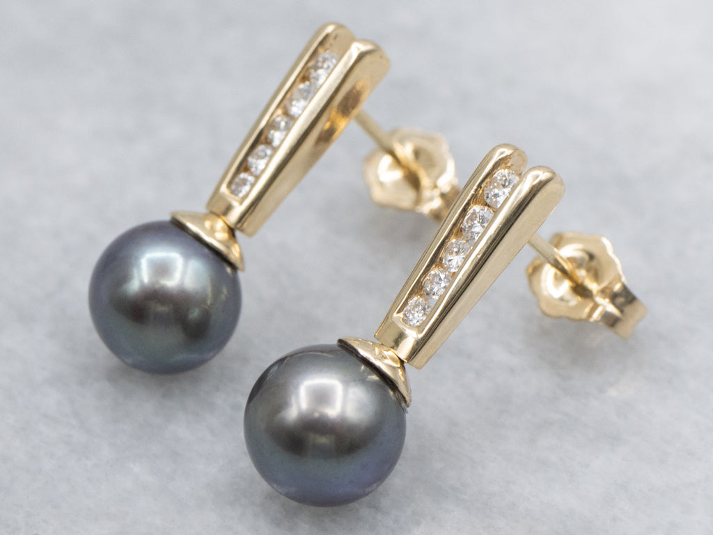 Black Pearl and Diamond Drop Earrings