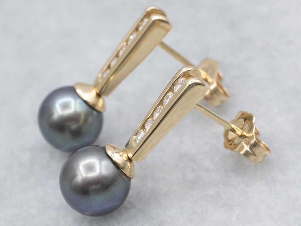 Black Pearl and Diamond Drop Earrings