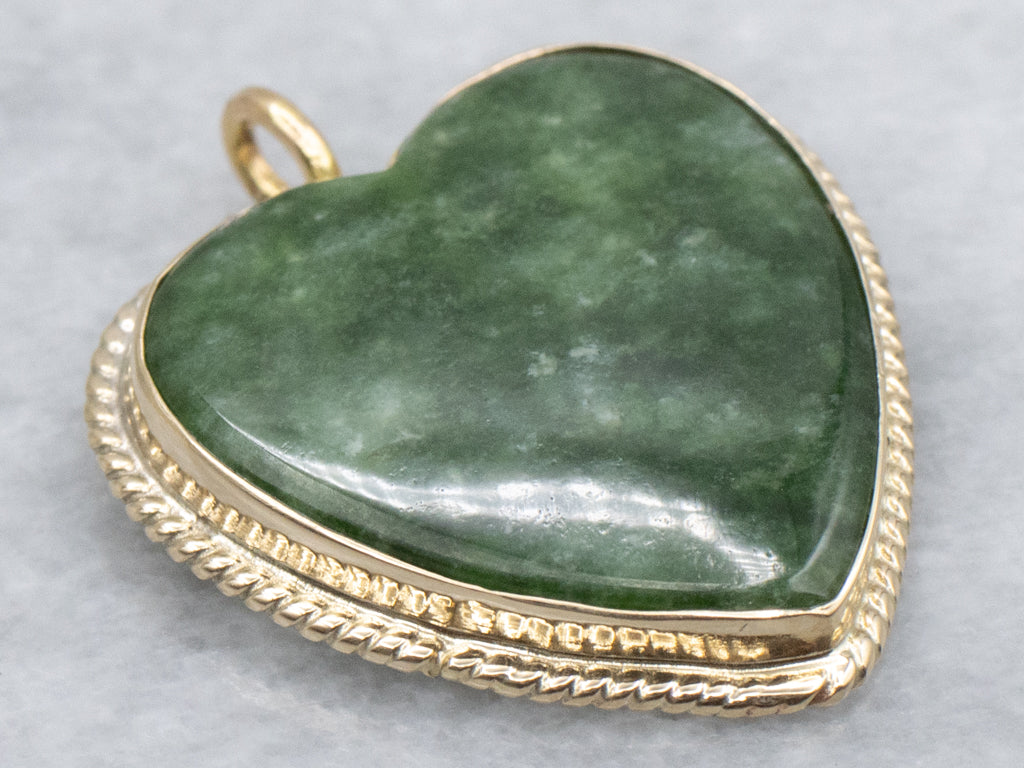 Vintage Gold Carved Nephrite Jade Heart Pendant