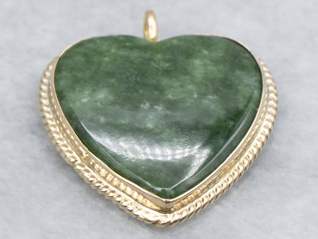 Vintage Gold Carved Nephrite Jade Heart Pendant
