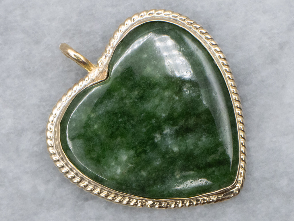 Vintage Gold Carved Nephrite Jade Heart Pendant