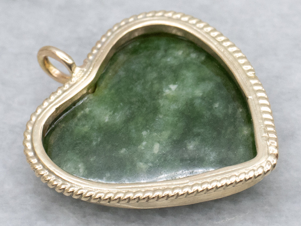 Vintage Gold Carved Nephrite Jade Heart Pendant