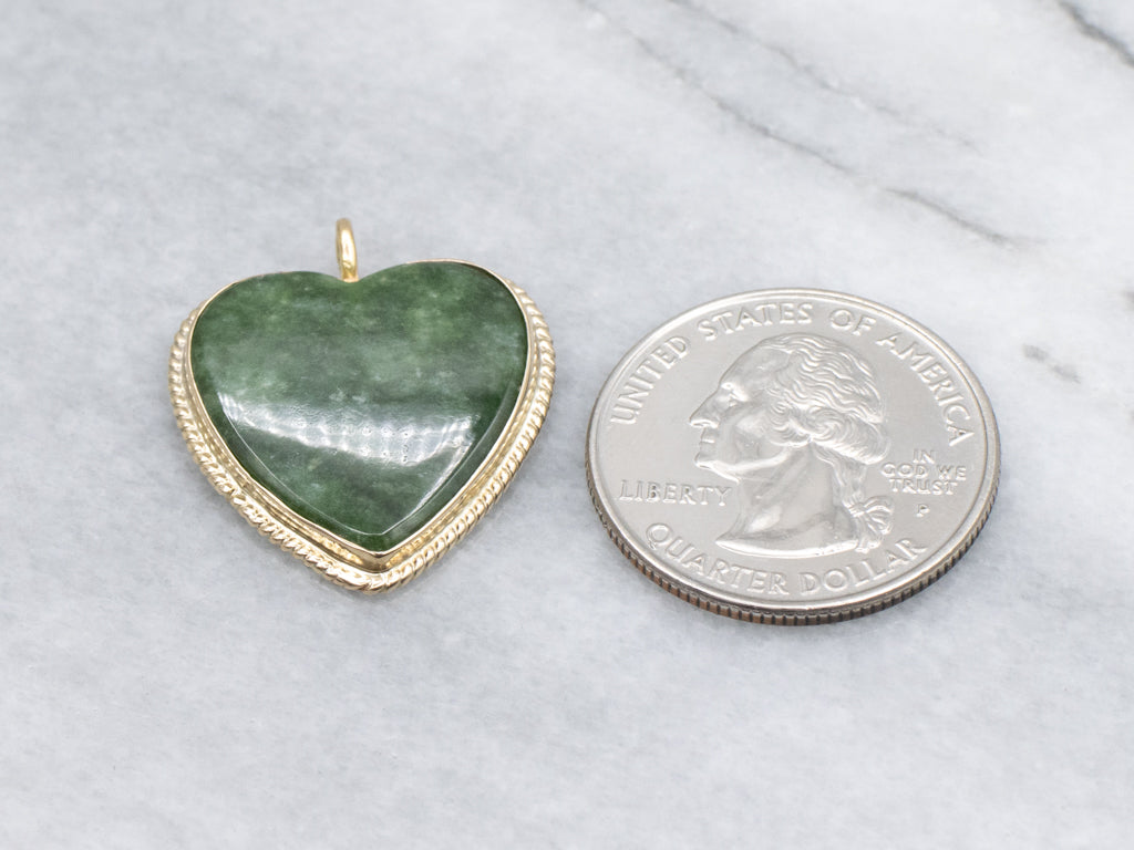 Vintage Gold Carved Nephrite Jade Heart Pendant