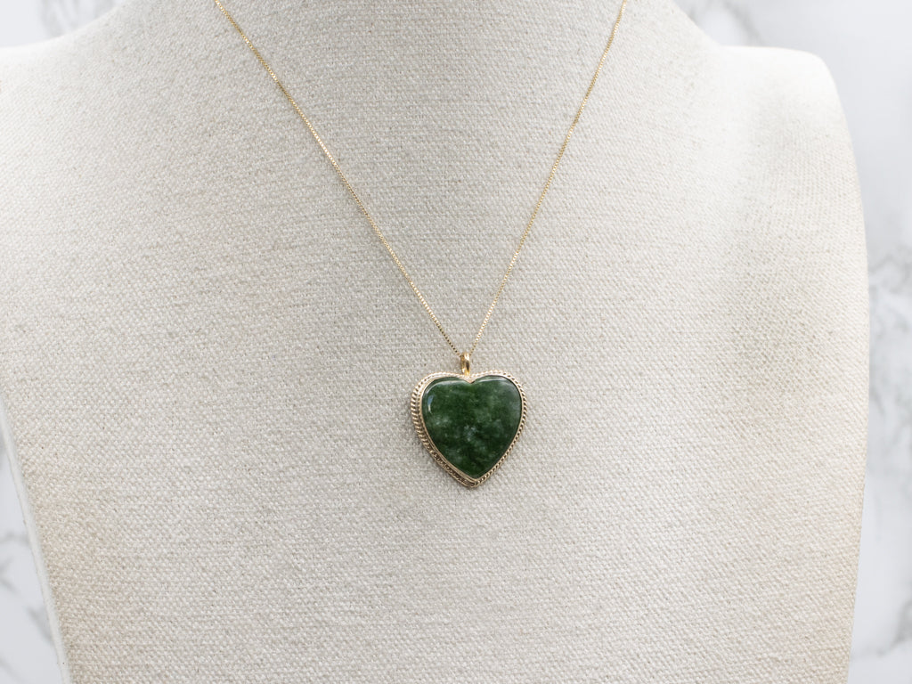 Vintage Gold Carved Nephrite Jade Heart Pendant