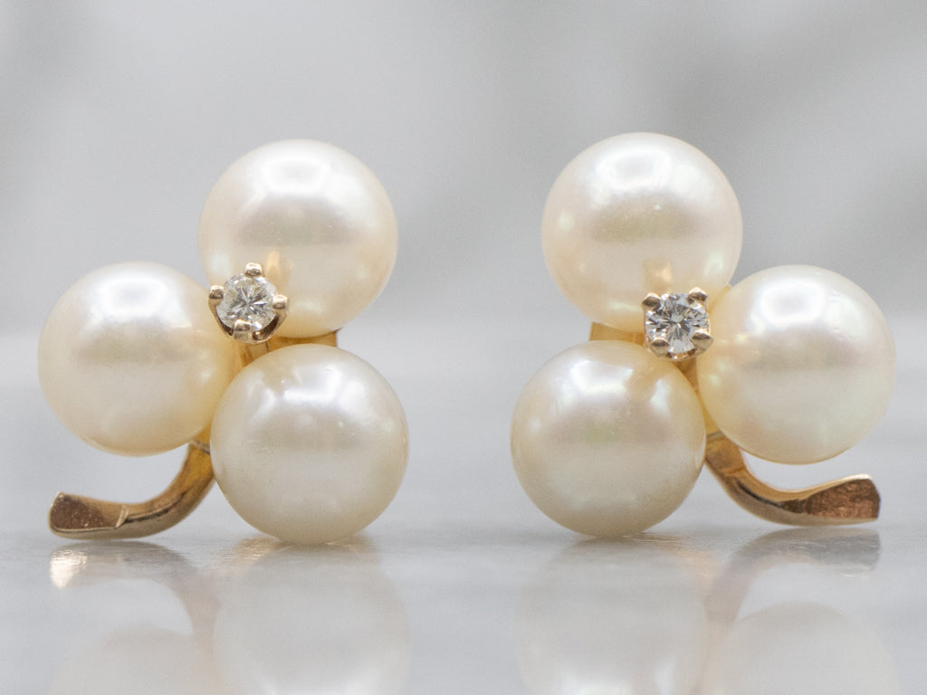 Diamond and Pearl Clover Yellow Gold Stud Earrings