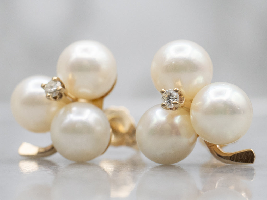 Diamond and Pearl Clover Yellow Gold Stud Earrings