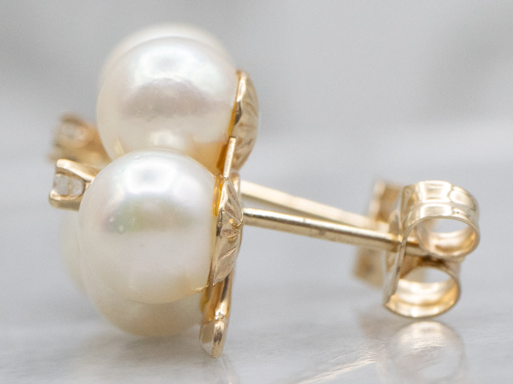 Diamond and Pearl Clover Yellow Gold Stud Earrings
