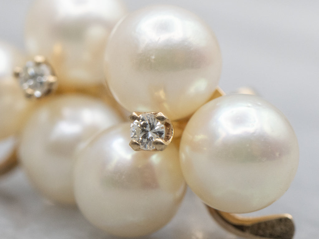 Diamond and Pearl Clover Yellow Gold Stud Earrings