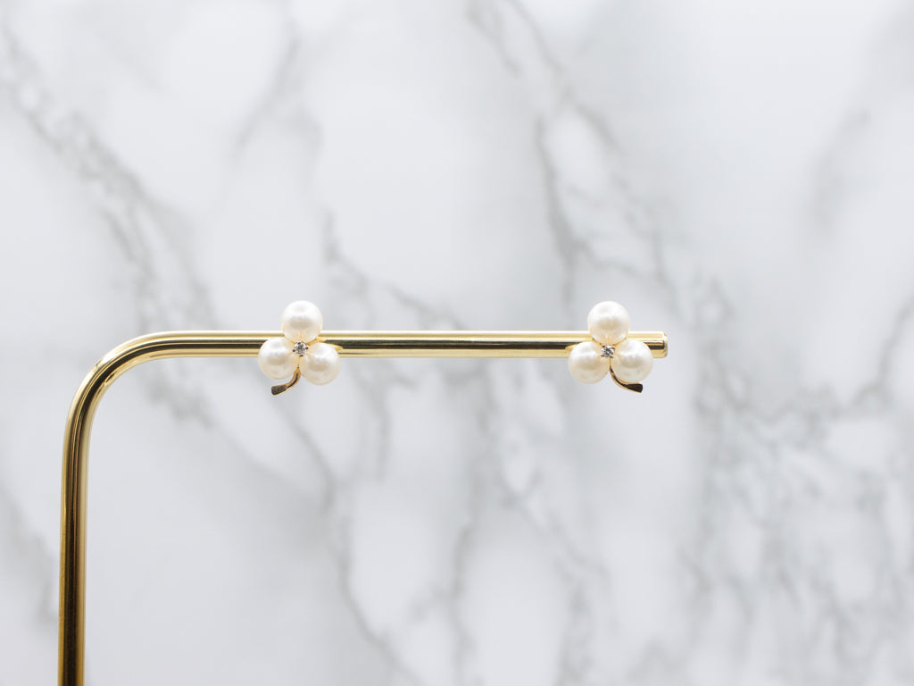 Diamond and Pearl Clover Yellow Gold Stud Earrings