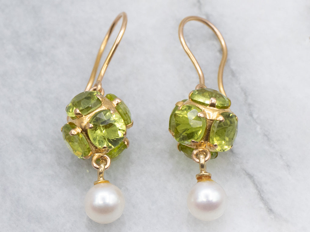 Peridot Gemstone Cluster Earrings with Swinging Pearl Drop