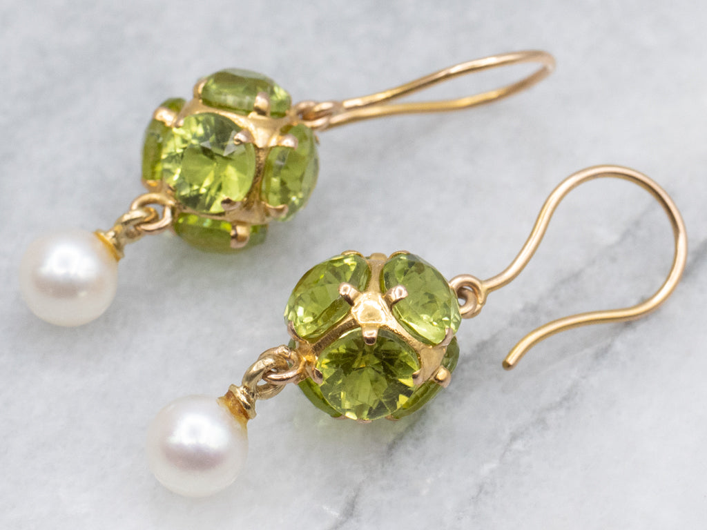 Peridot Gemstone Cluster Earrings with Swinging Pearl Drop