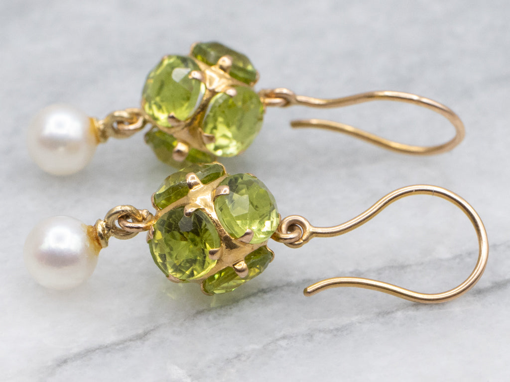 Peridot Gemstone Cluster Earrings with Swinging Pearl Drop