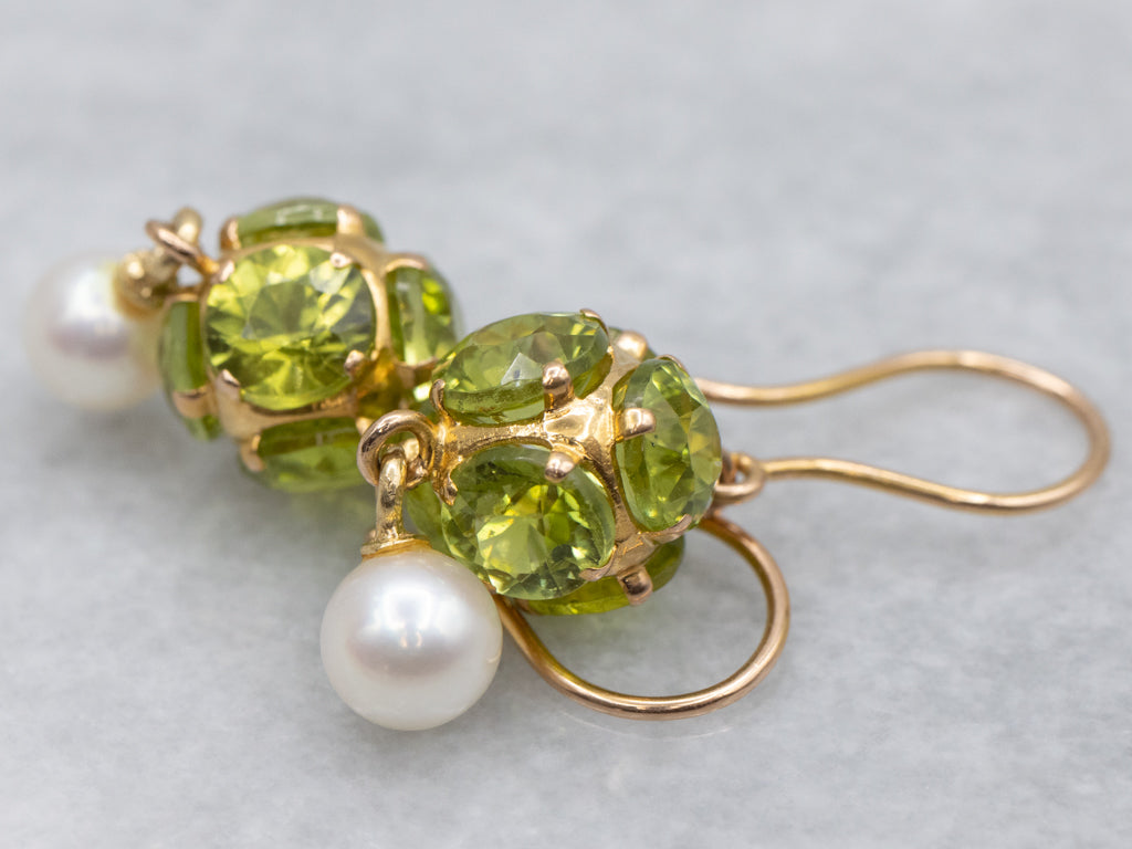 Peridot Gemstone Cluster Earrings with Swinging Pearl Drop