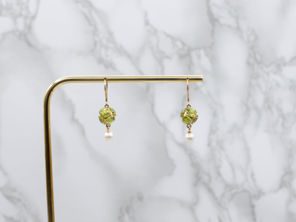 Peridot Gemstone Cluster Earrings with Swinging Pearl Drop