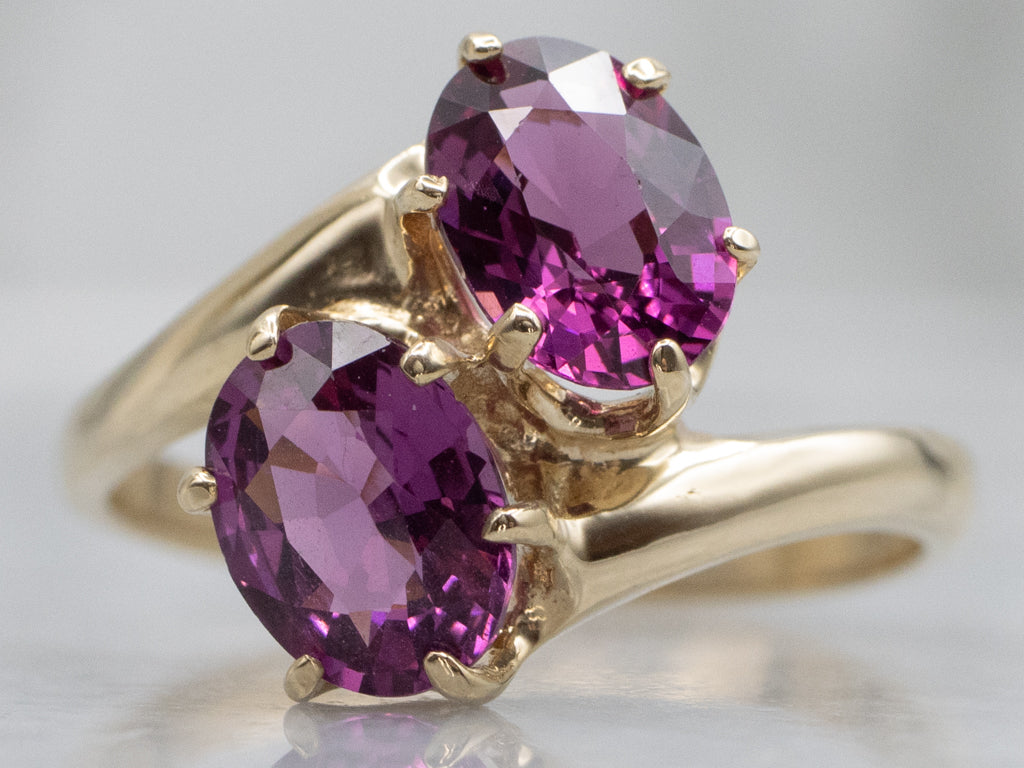 Double Rhodolite Garnet and Gold Bypass Ring