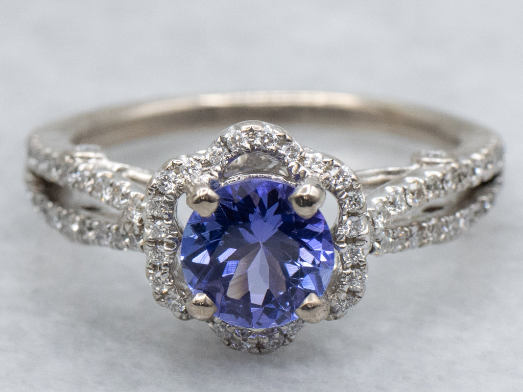 Floral White Gold Tanzanite and Diamond Halo Ring