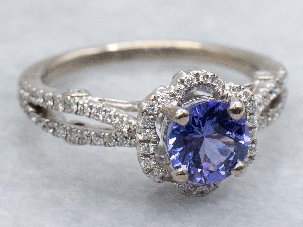 Floral White Gold Tanzanite and Diamond Halo Ring