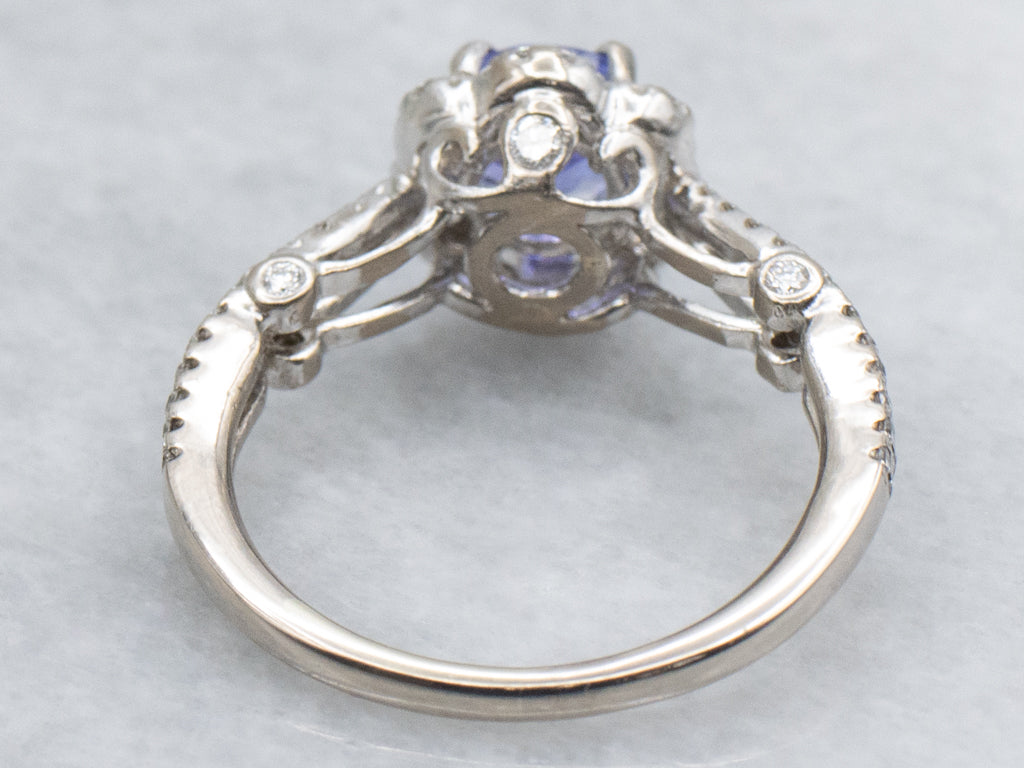Floral White Gold Tanzanite and Diamond Halo Ring