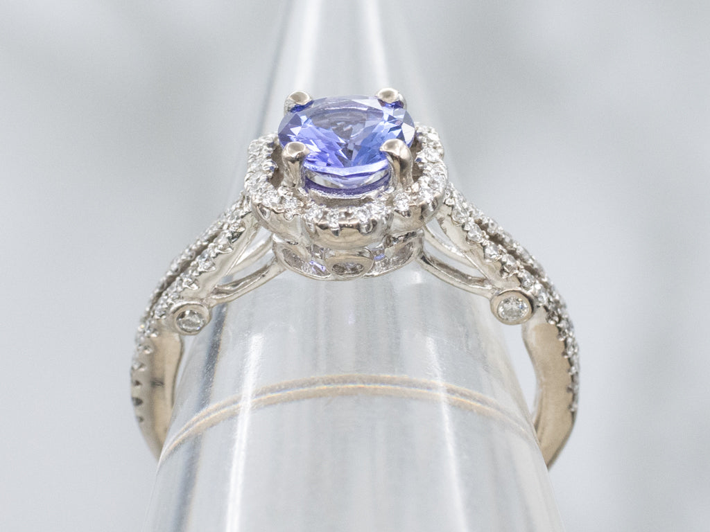 Floral White Gold Tanzanite and Diamond Halo Ring