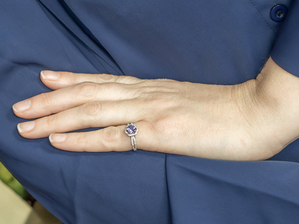Floral White Gold Tanzanite and Diamond Halo Ring