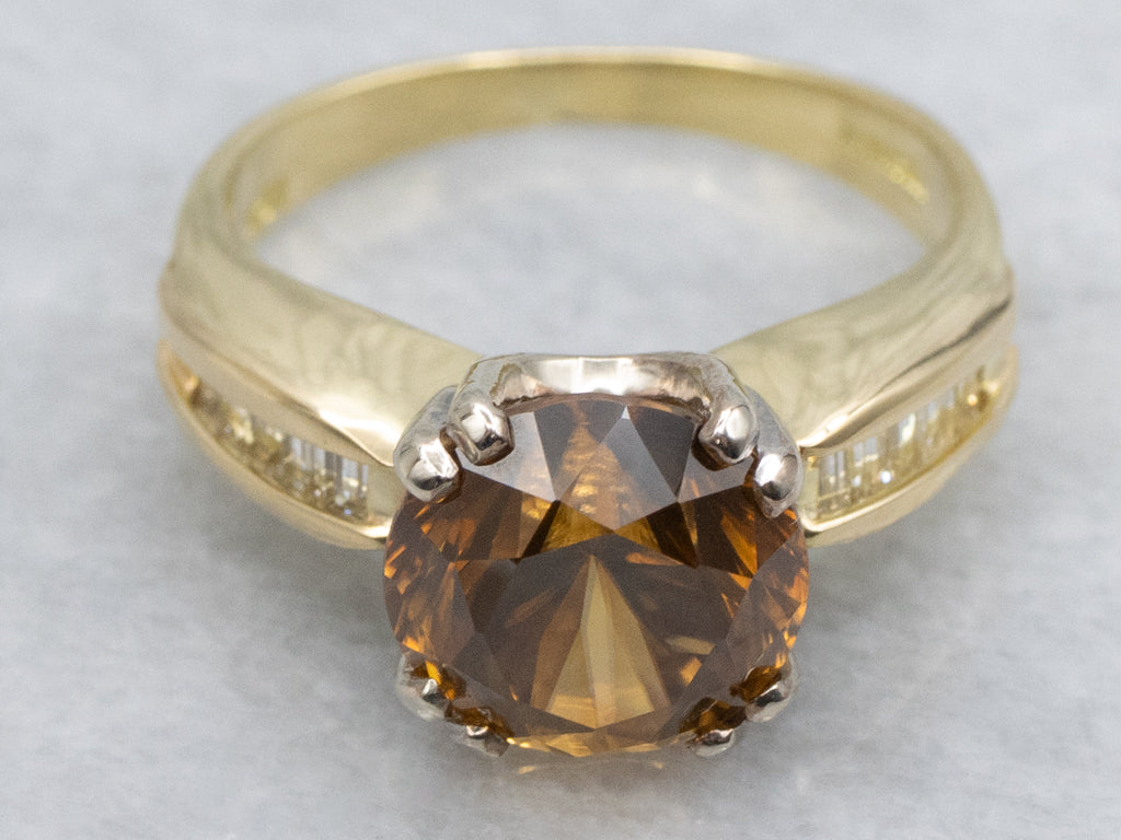 Golden Zircon and Baguette Cut Diamond Ring