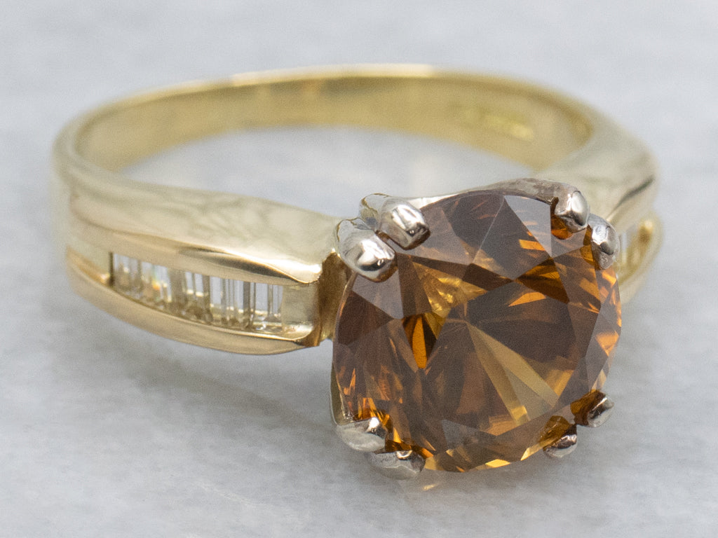 Golden Zircon and Baguette Cut Diamond Ring